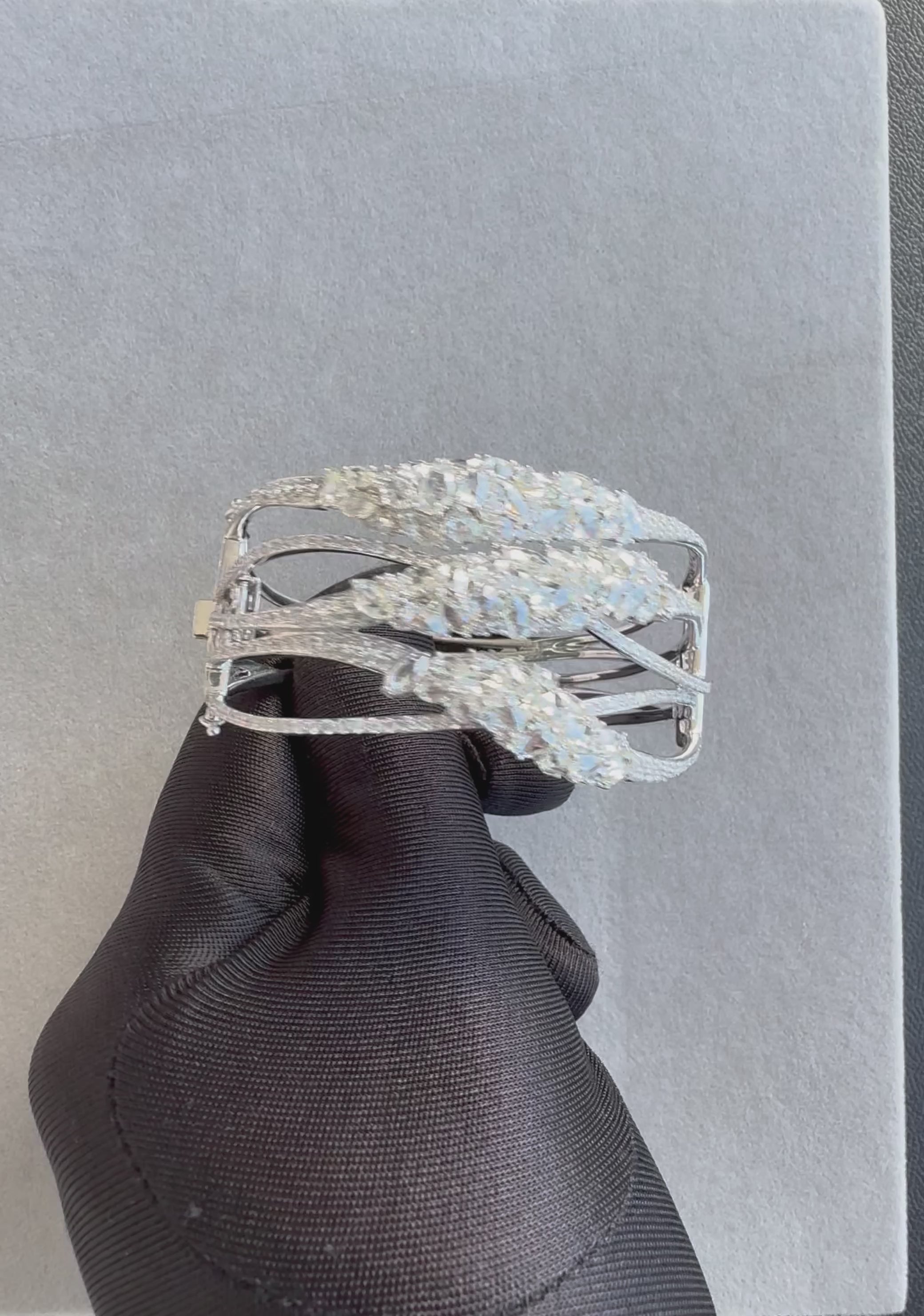 Fancy Shape Rose Cut Diamond Unique Statement Lux 18K White Gold Bangle Bracelet