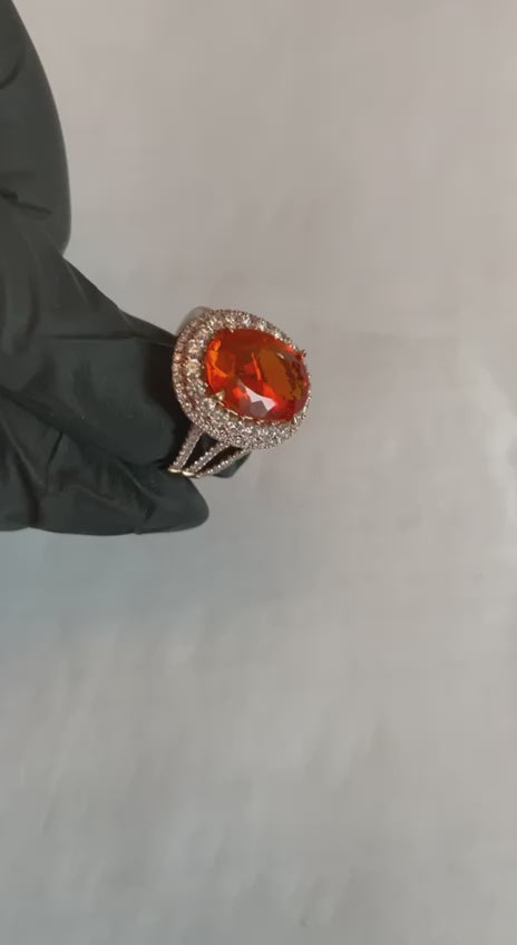 Fire Opal Oval Shape Cut Diamond Halo 14 Karat Rose Gold Statement Classic Ring