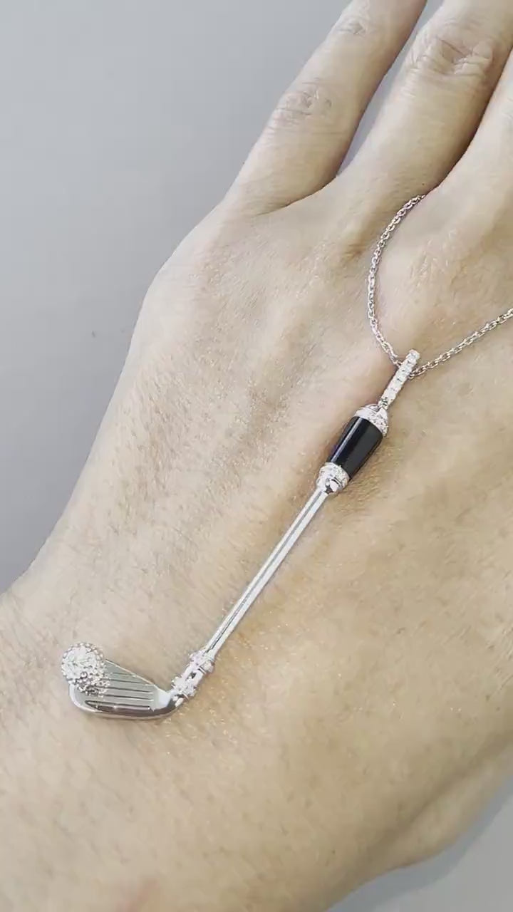 Diamond Black Onyx Golf Club Birdie Jewelry 18 Karat White Gold Charm Pendant Ne