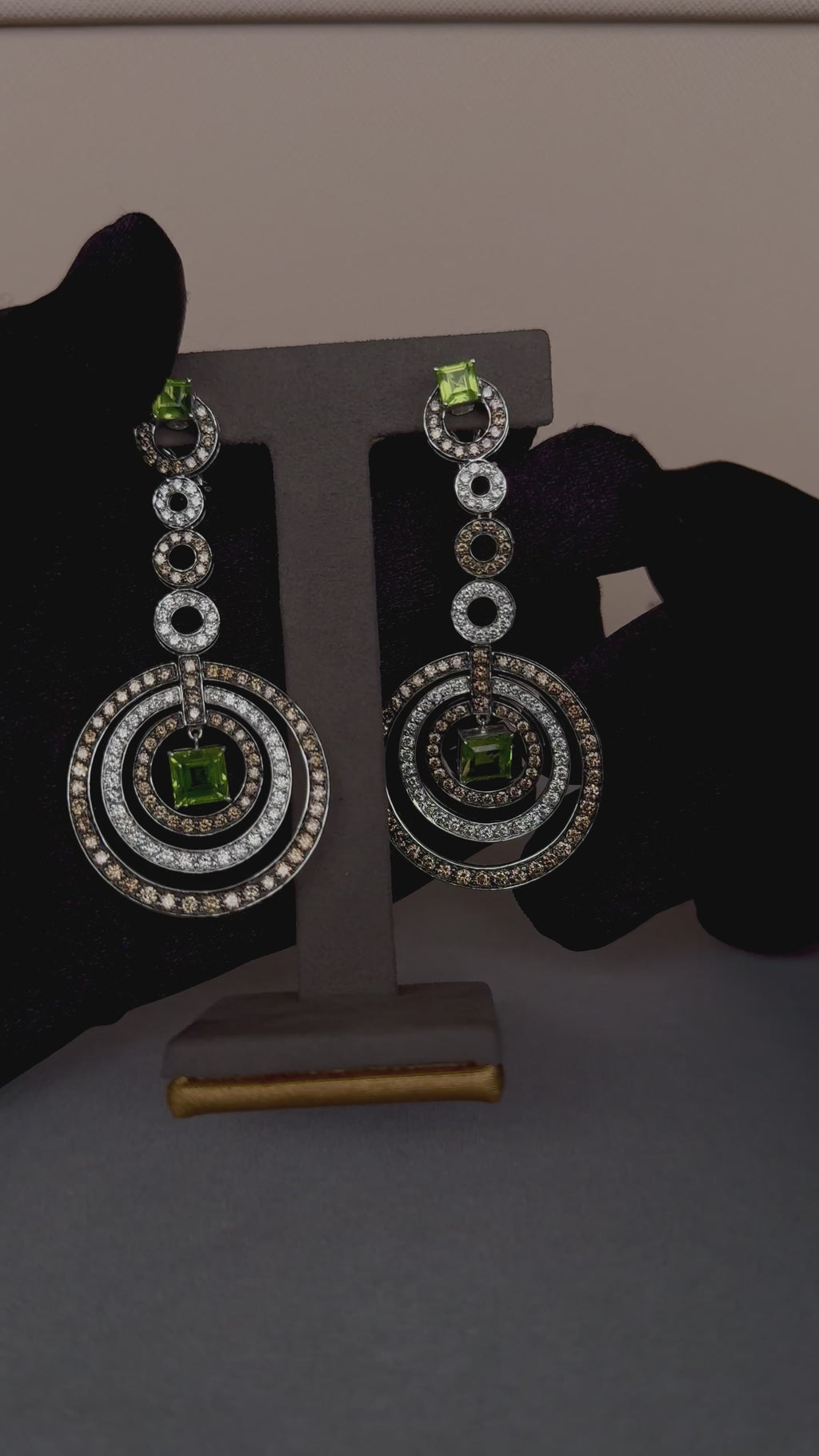 Green Peridot Faceted Square White & Brown Diamond 18K White Black Gold Earrings