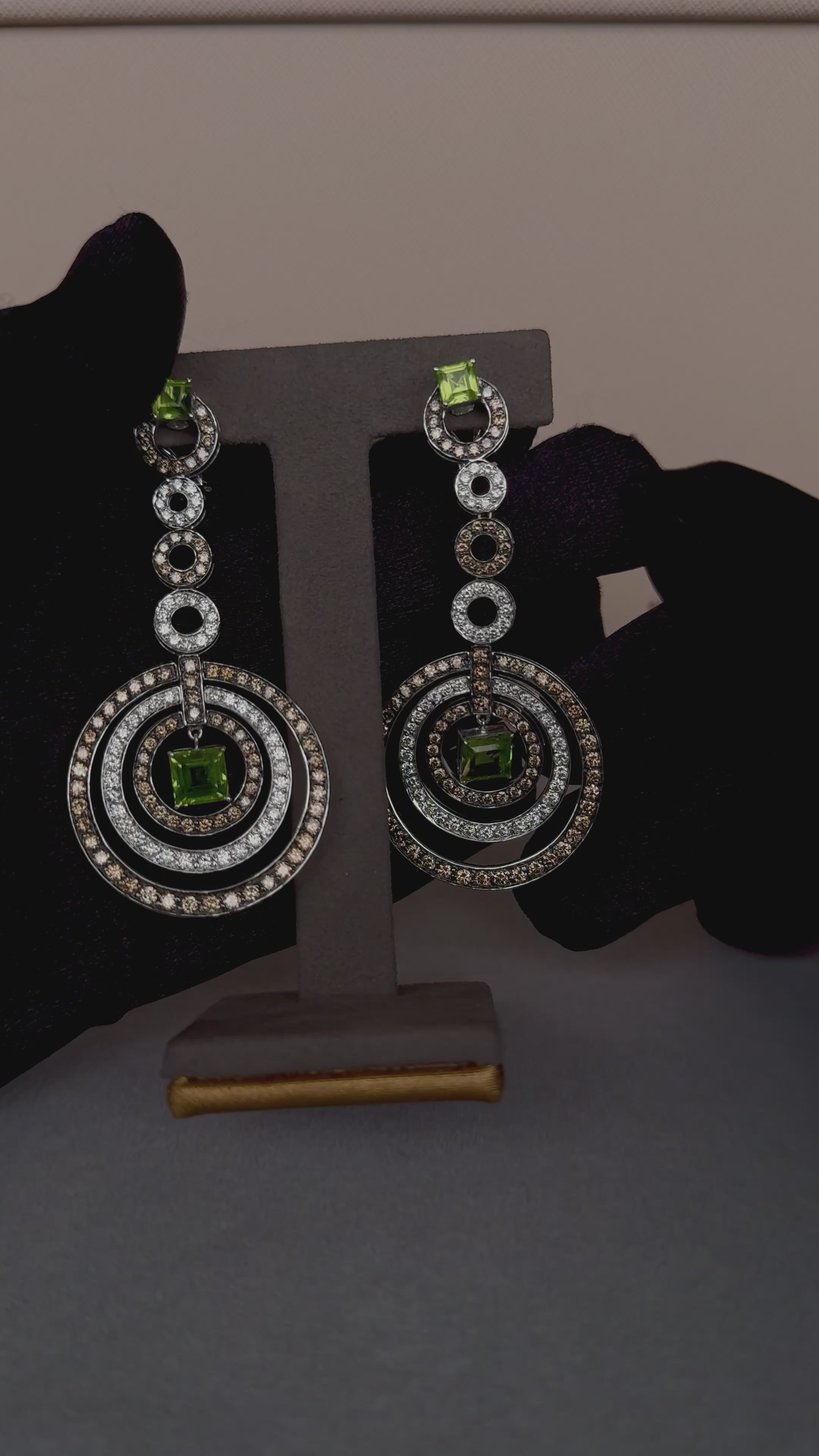 Green Peridot Faceted Square White & Brown Diamond 18K White Black Gold Earrings