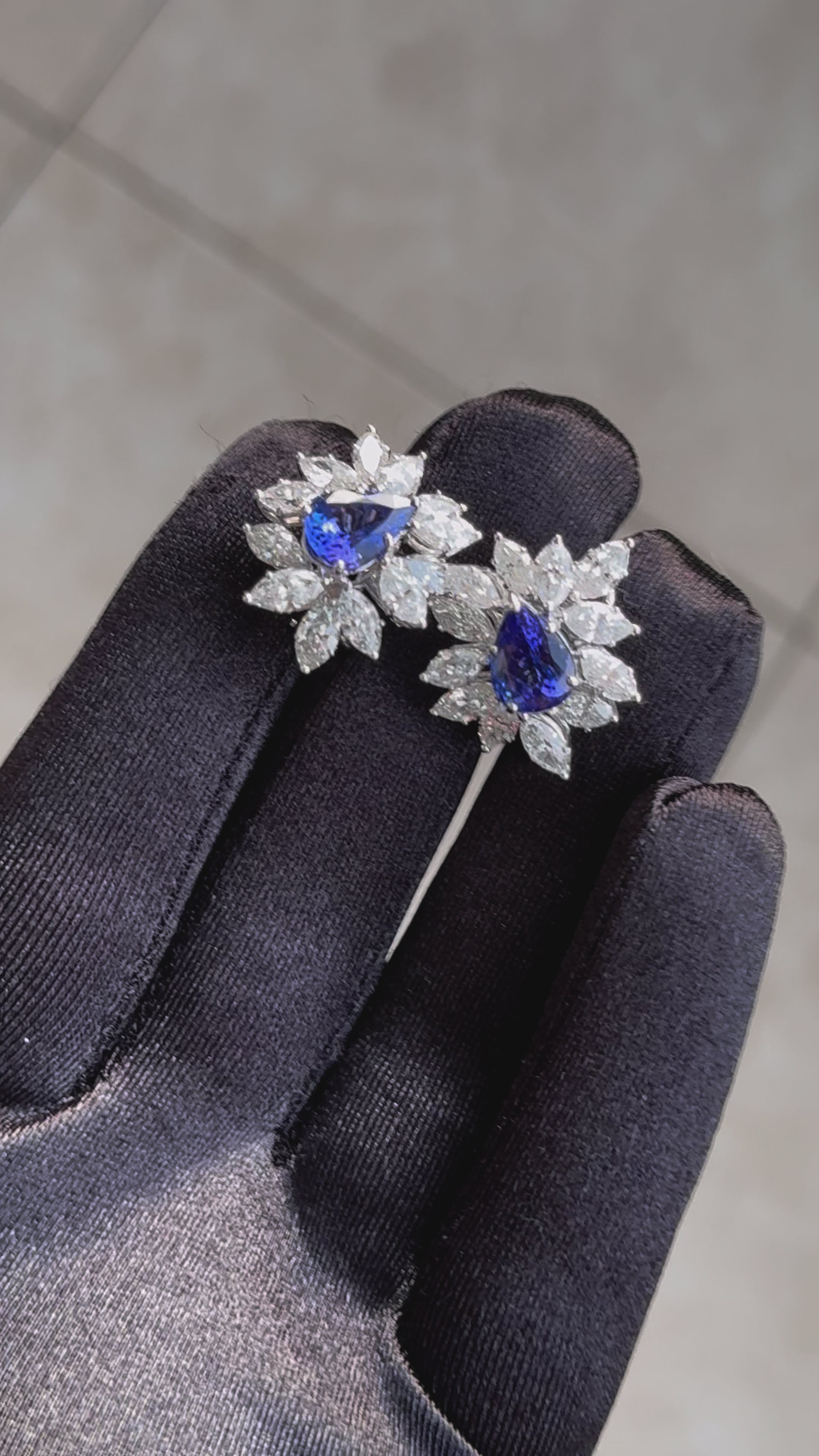 Rare Blue Tanzanite Fancy Pear Shape Marquise Diamonds 18K White Gold Earrings