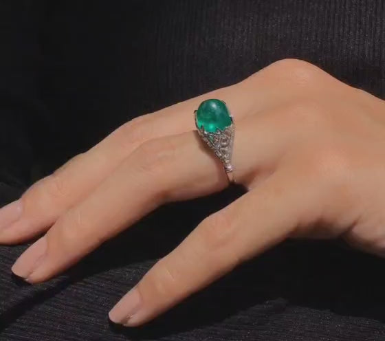 Sugarloaf Colombian Green Emerald & Diamond Cocktail 14K White Gold Ring