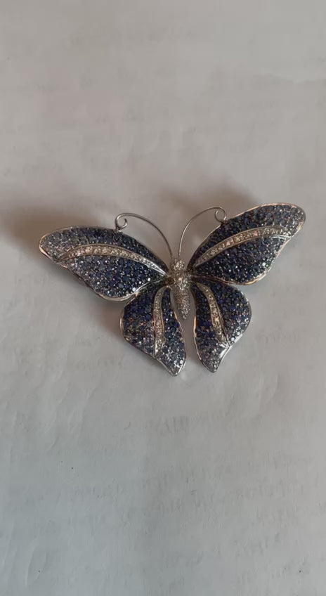 Blue Sapphire &amp; White Diamond Pave Butterfly 18 Karat White Gold Brooch Pin