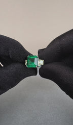 Square Cut Emerald Yellow Cushion Shape Diamonds Two Stone 18K White Gold Ring