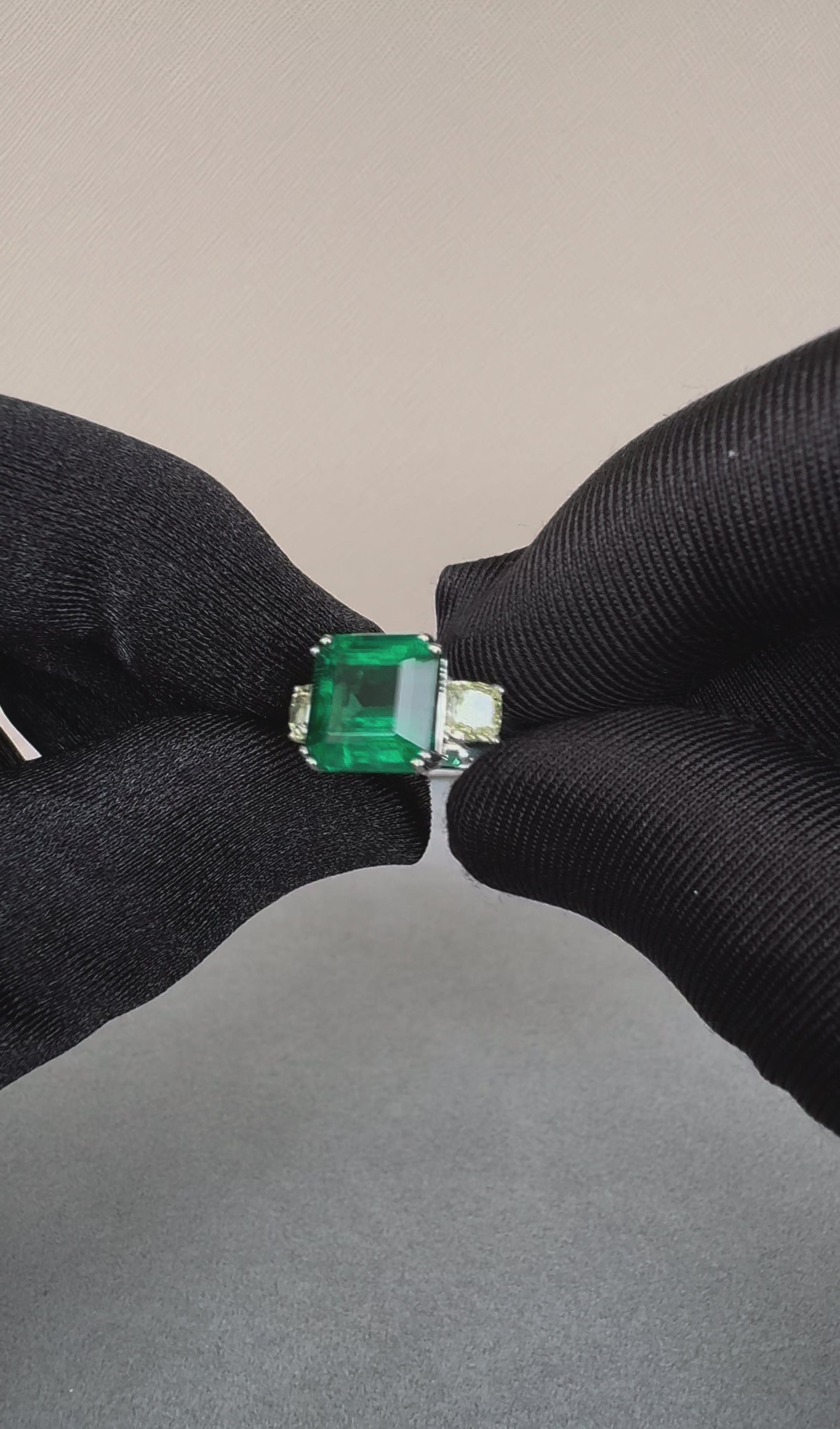 Square Cut Emerald Yellow Cushion Shape Diamonds Two Stone 18K White Gold Ring
