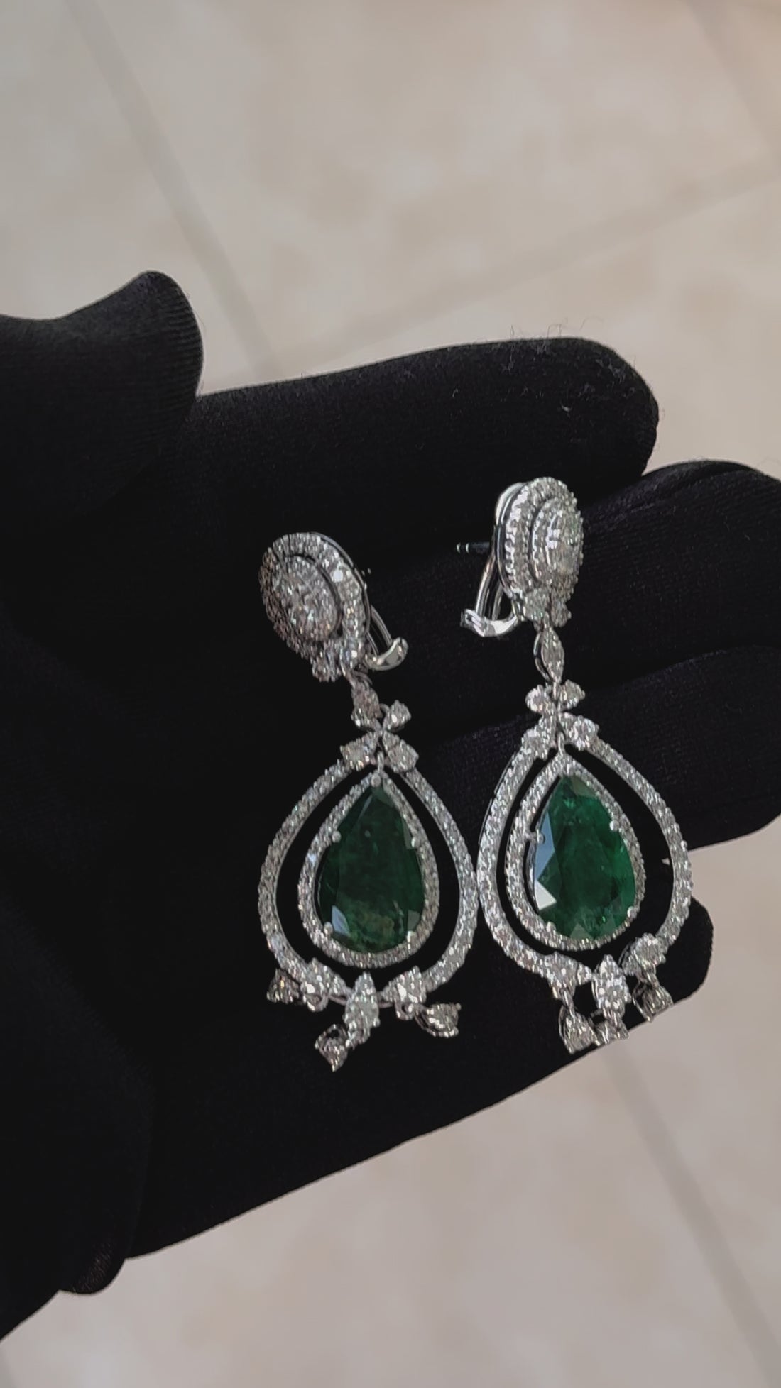 Large Pear-Shape Drop Emeralds Diamond Chandelier 18K White Gold Unique Earrings