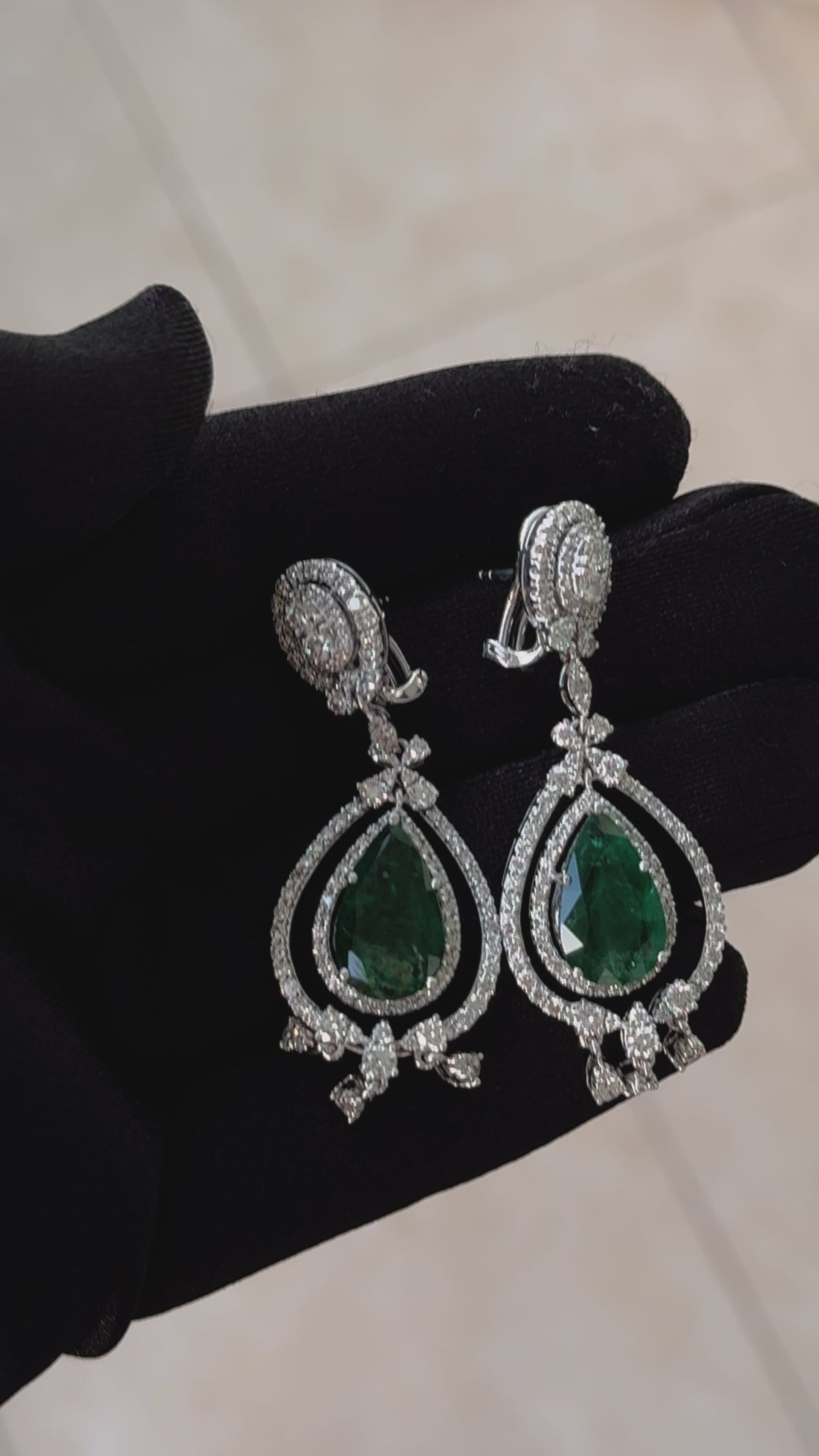 Large Pear-Shape Drop Emeralds Diamond Chandelier 18K White Gold Unique Earrings