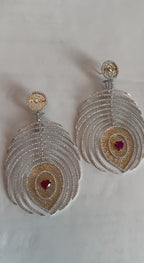 Heart Shape Ruby Diamond Halo Eastern Symbol Statement 18K White Gold Earrings