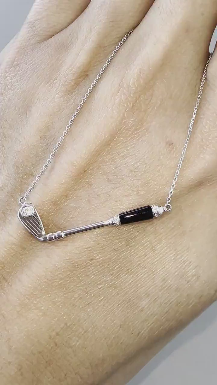 Diamond Black Onyx Golf Club Birdie Jewelry 18 Karat White Gold Charm Pendant Ne