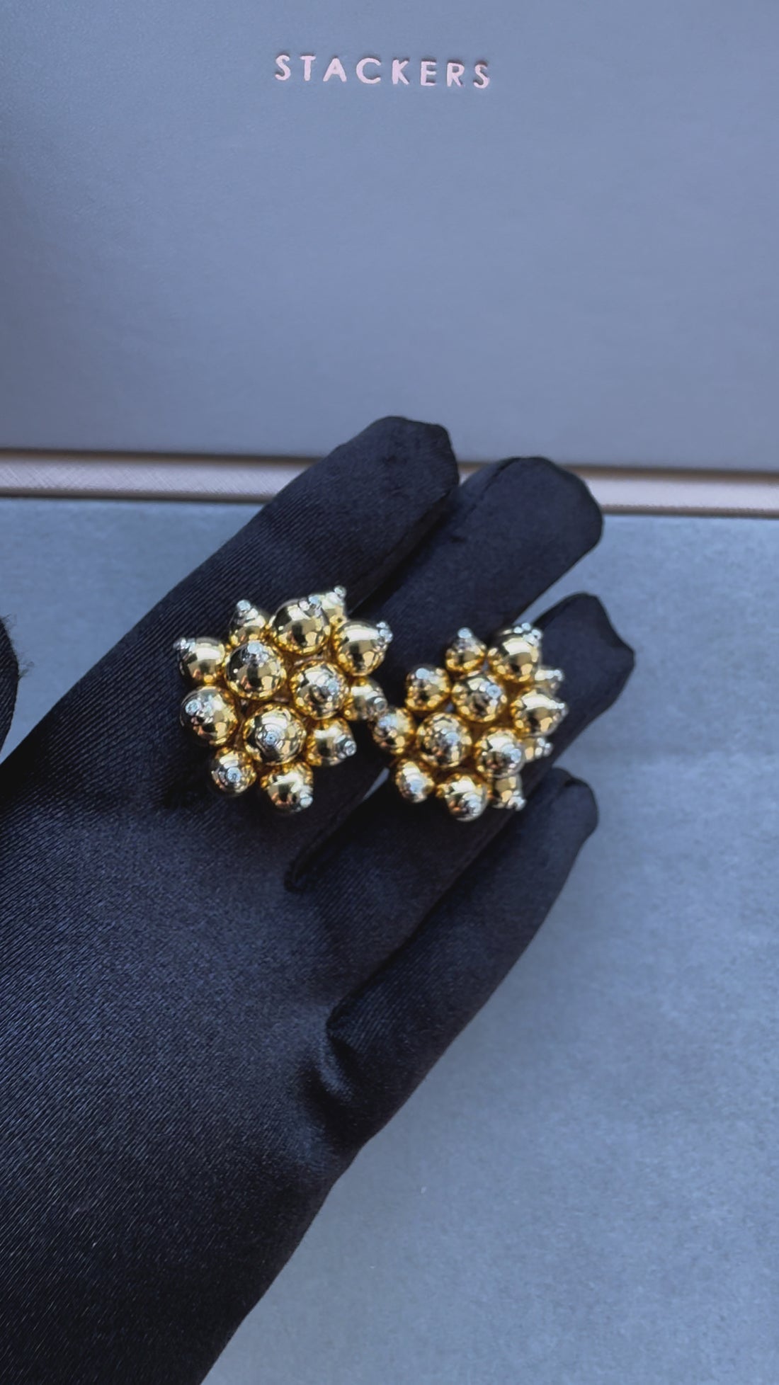 Diamonds Golden Spheres Gold Balls Geometric Bells Motif 18K Gold Earrings