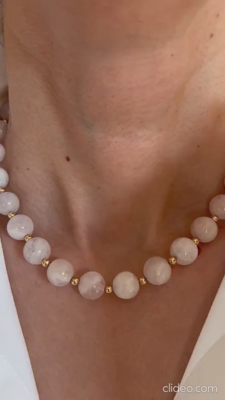 Light Pink Rose Quartz Round Circle Sphere Beads 14 Karat Yellow Gold Bead Short