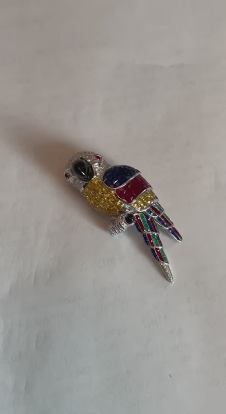 Invisible Setting Fancy Cut Sapphire Ruby Emerald Diamond Parrot Bird Brooch Pin