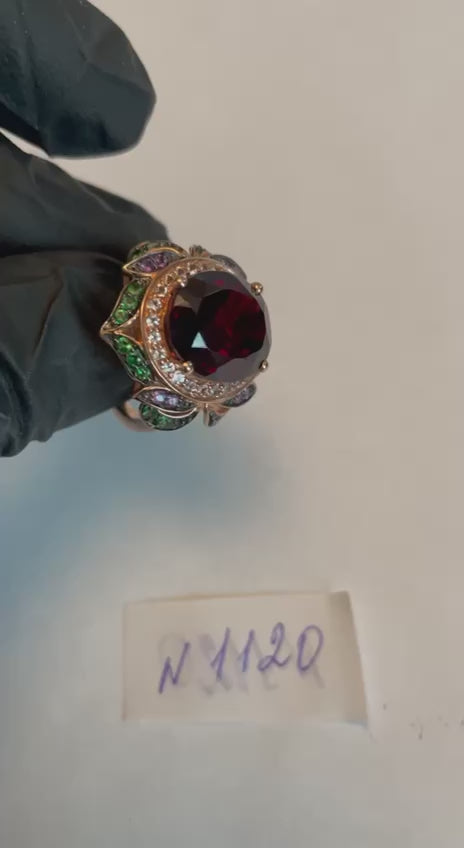 Oval Shape Red Garnet White Diamond Halo Set Gemstones Floral 14K Rose Gold Ring