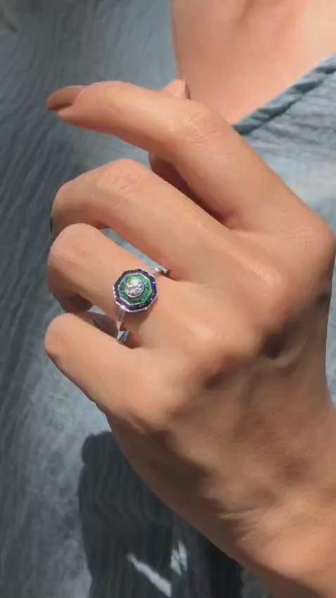 Art Deco Style Diamond with Blue Sapphire & Green Emerald Halo White Gold Ring