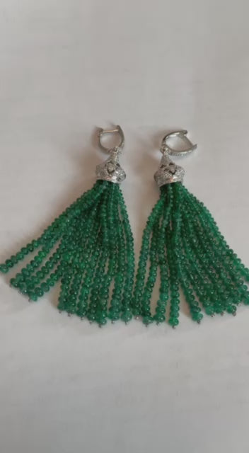 Emerald Bead Chandelier Drop White Diamond 18 Karat White Gold Earrings