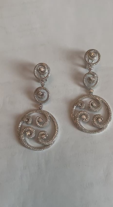 White Diamond Swirl Waves 18 Karat White Gold Drop Statement Pave Bezel Earrings
