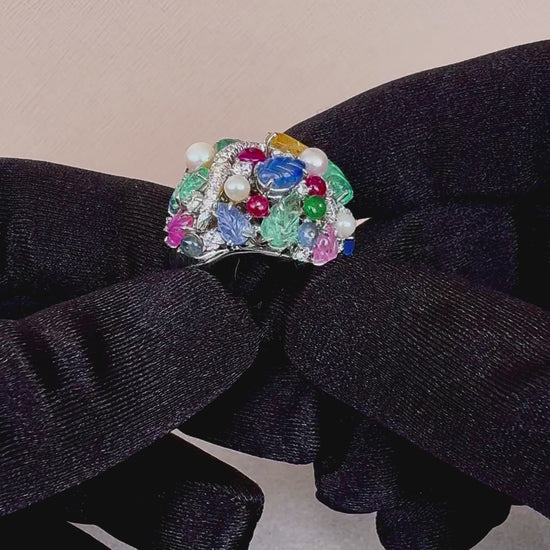 Multi Colors Sapphires Emeralds Ruby Diamond Scavia Unique 18K White Gold Ring