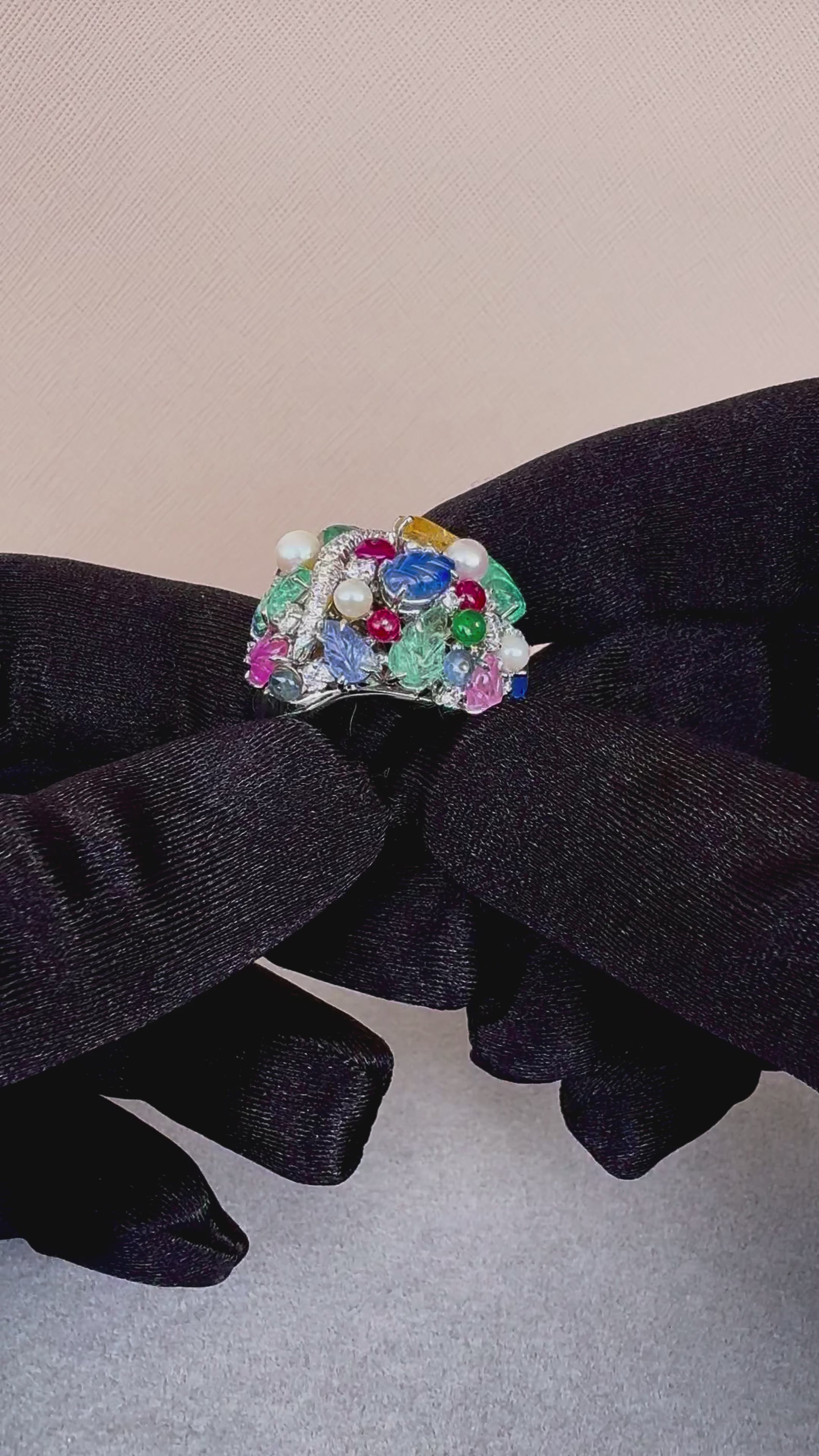 Multi Colors Sapphires Emeralds Ruby Diamond Scavia Unique 18K White Gold Ring