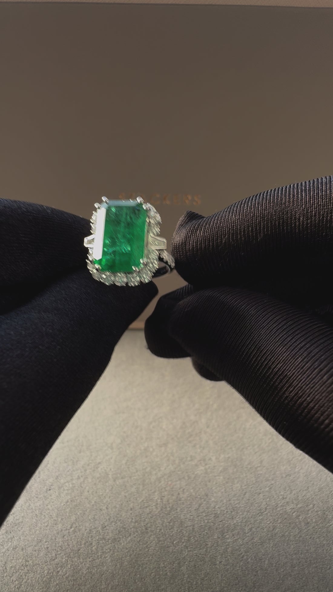 Green Emerald Octagon Cut Rectangle Diamond Halo Baguette 18K White Gold Ring