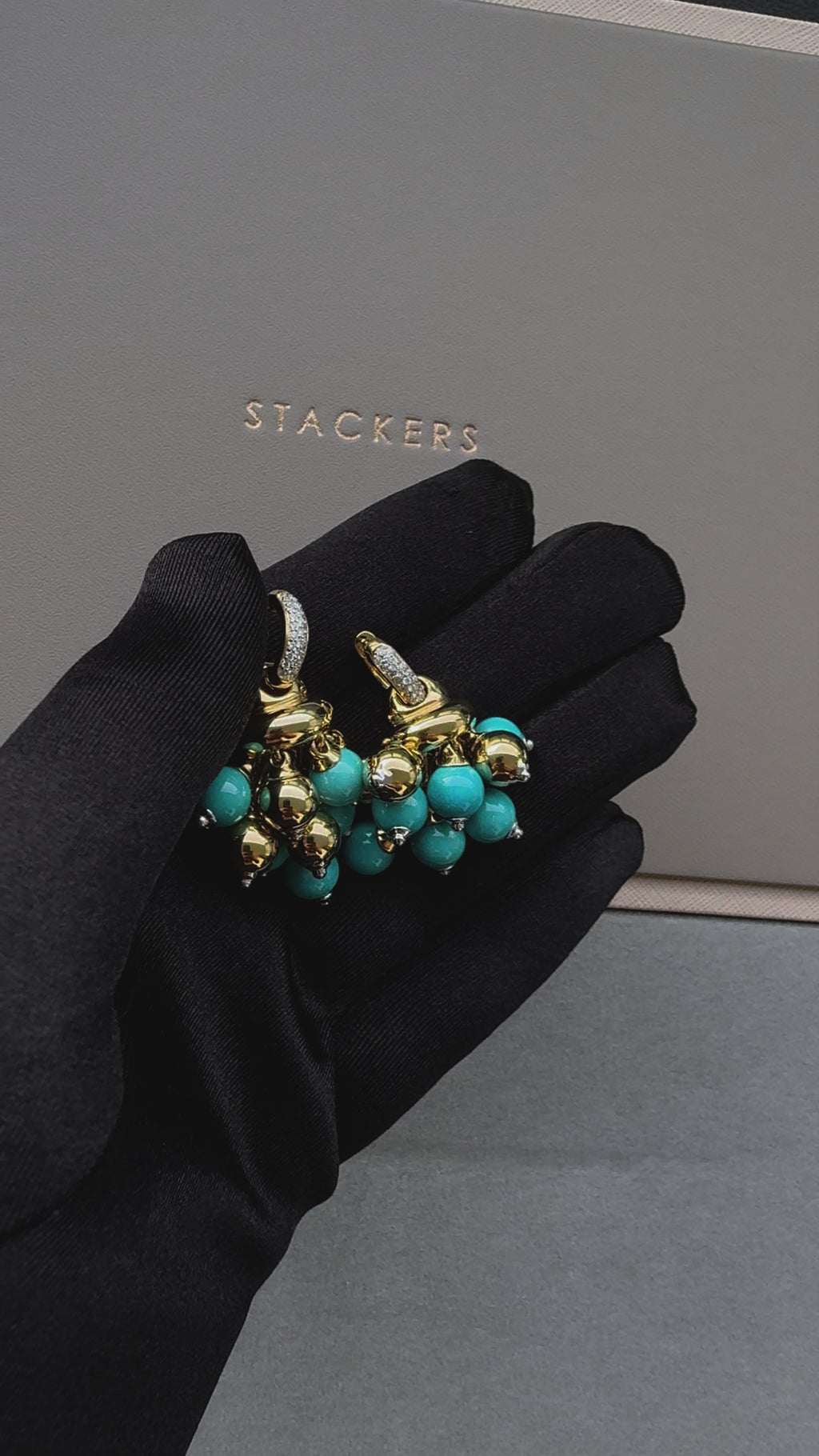 Blue Turquoise Diamonds Golden Sphere Bells Motif Two Tone Gold Huggie Earrings