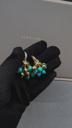 Blue Turquoise Diamonds Golden Sphere Bells Motif Two Tone Gold Huggie Earrings