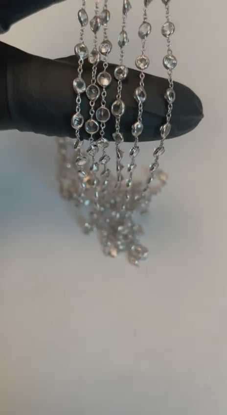 Round Cut Light Blue Topaz Bezel 14K White Gold Long Chain Station Necklace