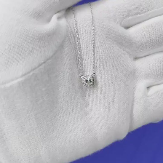 Classic Halo Pave Set Cushion Shape Cut Diamond Dainty Chain 18 Karat White Gold
