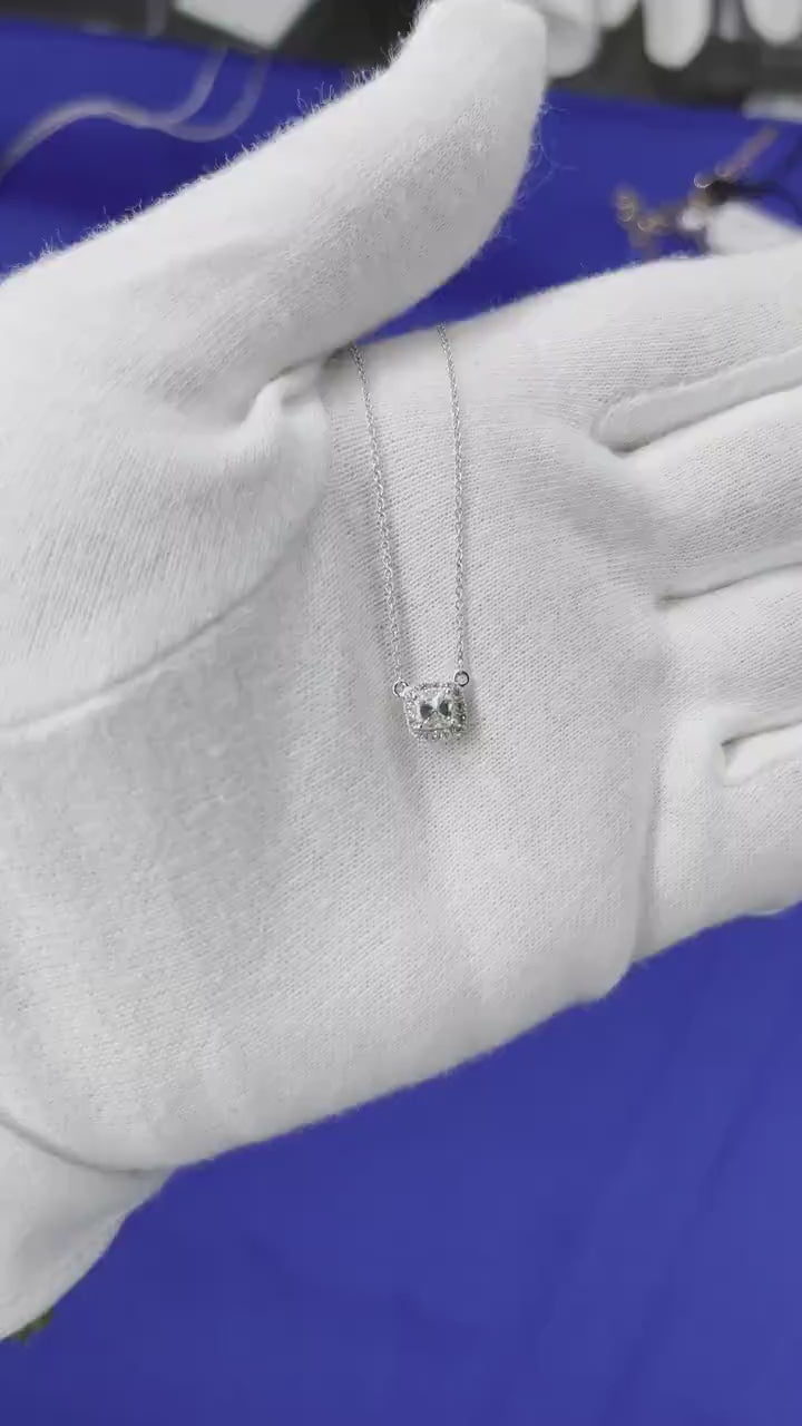 Classic Halo Pave Set Cushion Shape Cut Diamond Dainty Chain 18 Karat White Gold