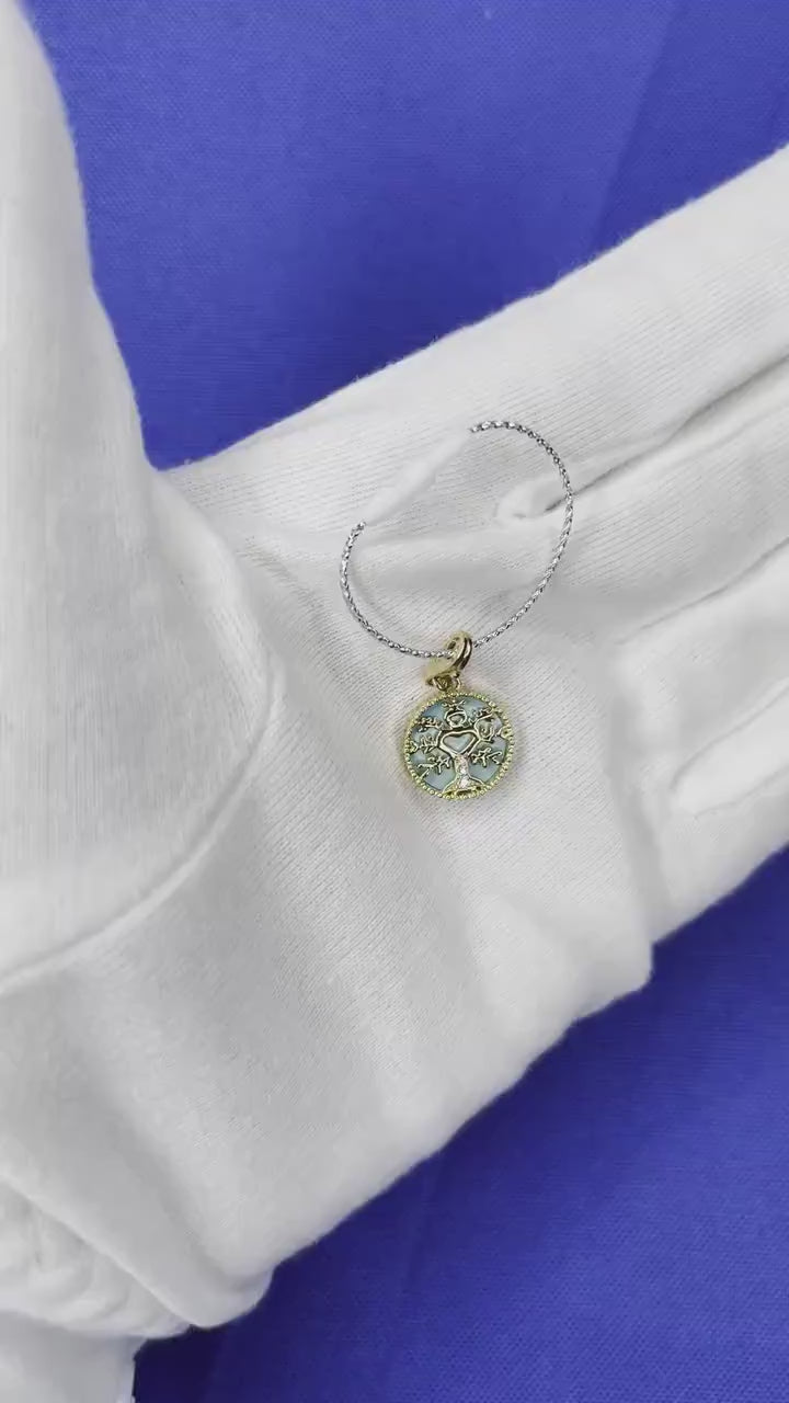 Diamond Tree of Life Nature Floral Flower 18K Yellow Gold Medallion Charm Turquo