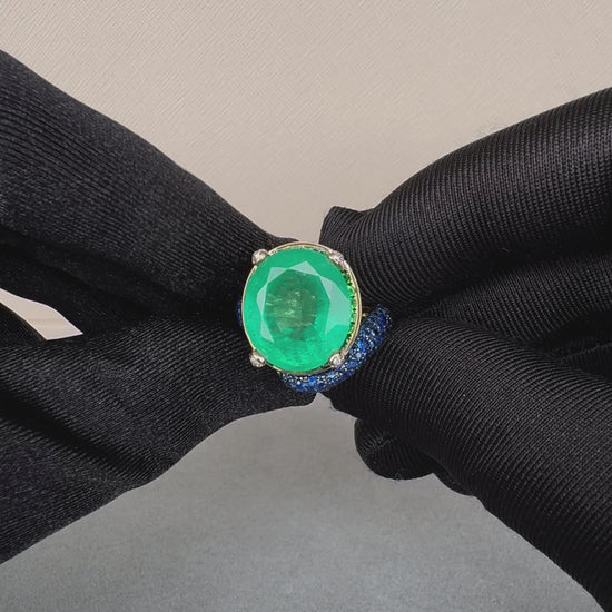 Large Oval Cut Emerald Full Pave Tsavorites Diamonds Sapphires 18K Gold Ring
