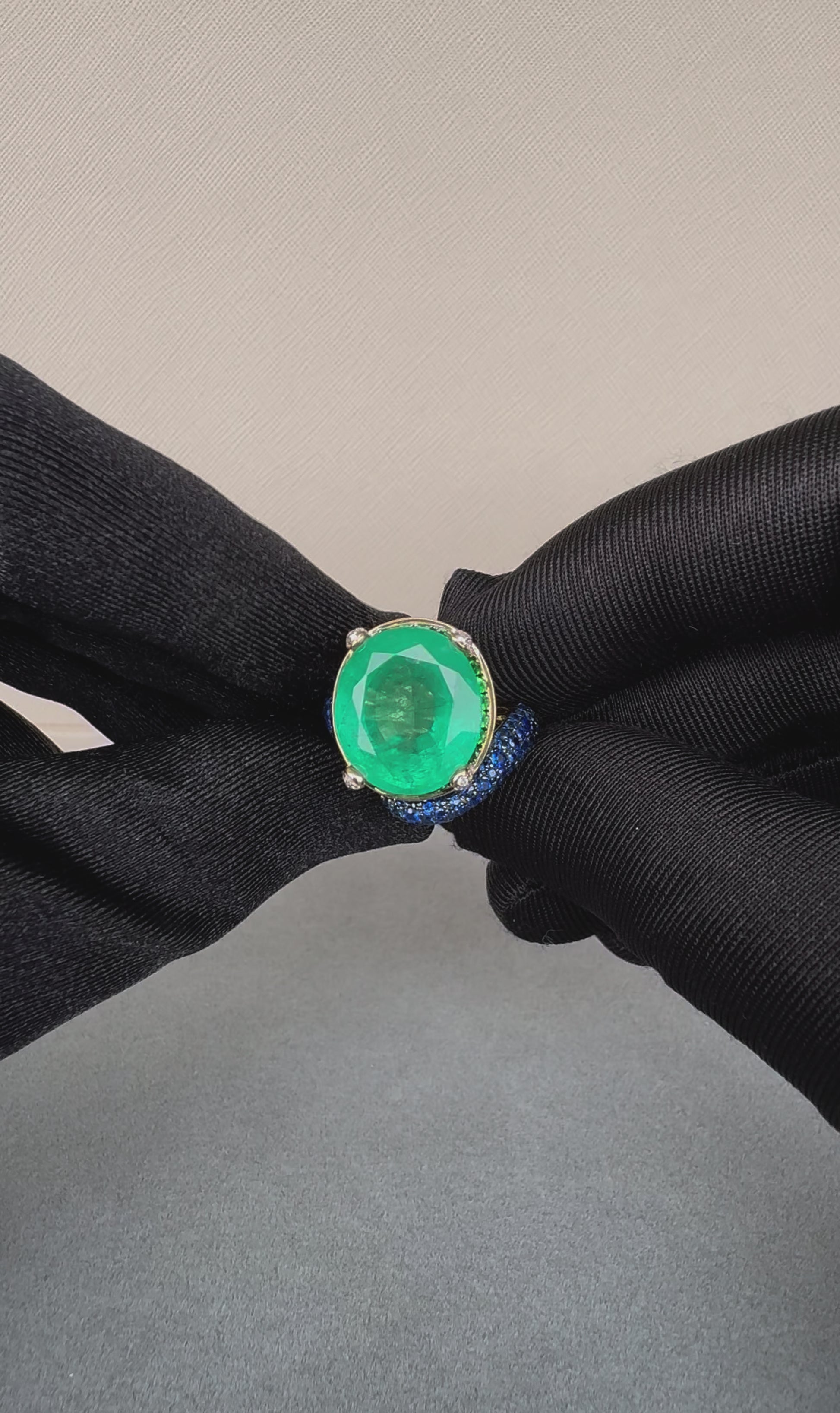 Large Oval Cut Emerald Full Pave Tsavorites Diamonds Sapphires 18K Gold Ring