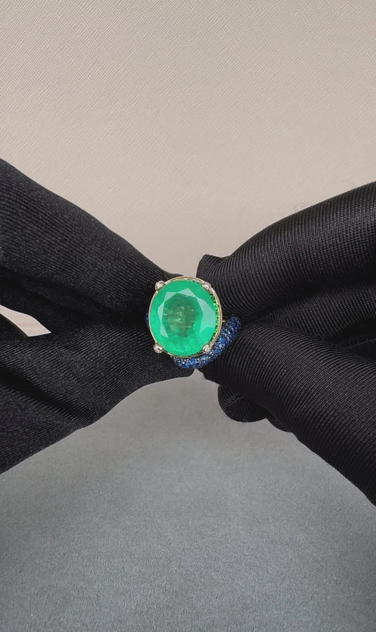 Large Oval Cut Emerald Full Pave Tsavorites Diamonds Sapphires 18K Gold Ring