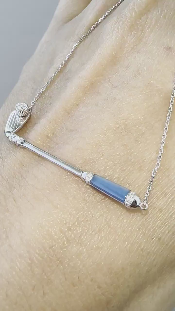 Diamond Blue Agate Golf Club Birdie Jewelry 18 Karat White Gold Charm Pendant Ne