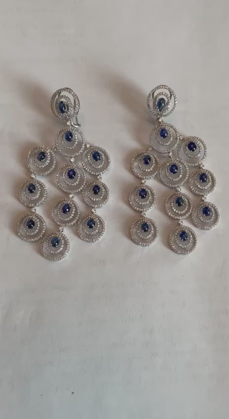 Blue Sapphire &amp; White Diamonds Statement Drop 18K White Gold Chandelier Earrings