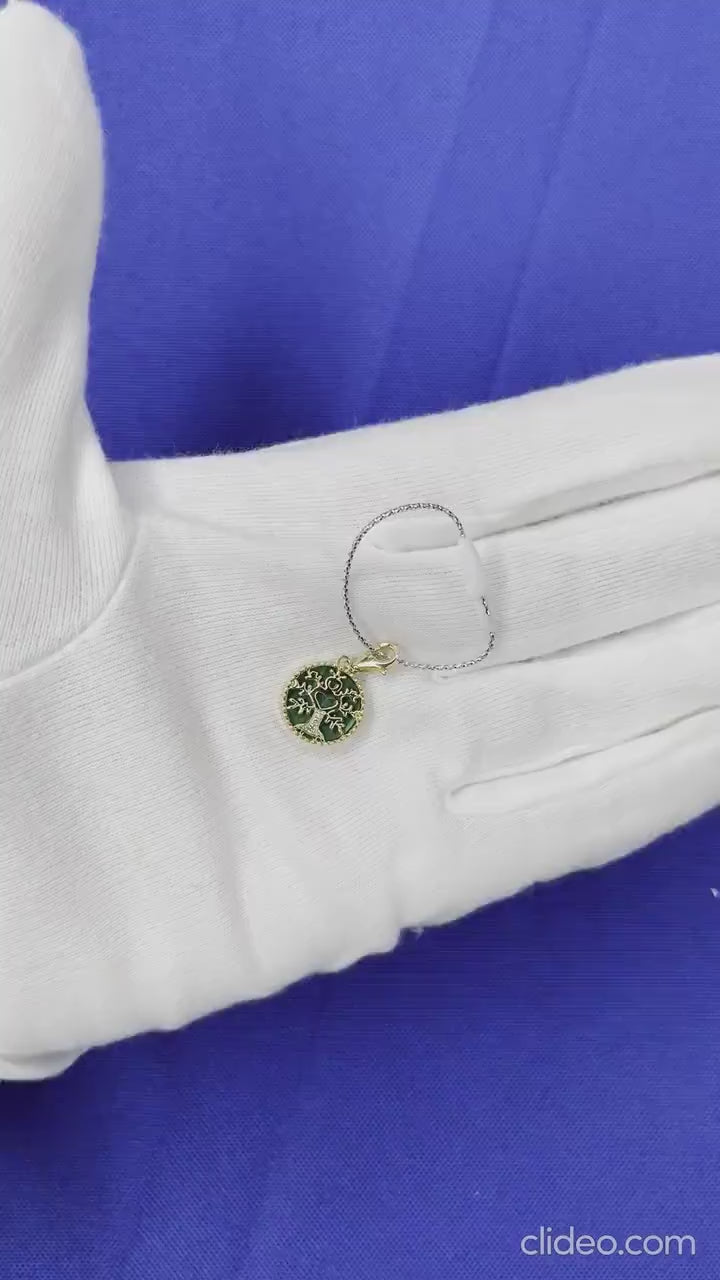 Diamond Tree of Life Nature Floral Flower Green Malachite Medallion Charm 18K Ye