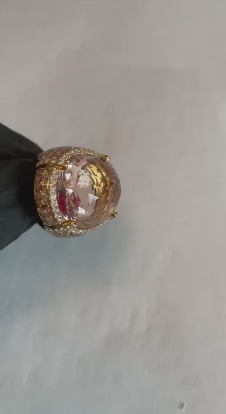 Oval Cut Peach Morganite Pave Fancy Diamonds Halo 14K Yellow Gold Statement Ring