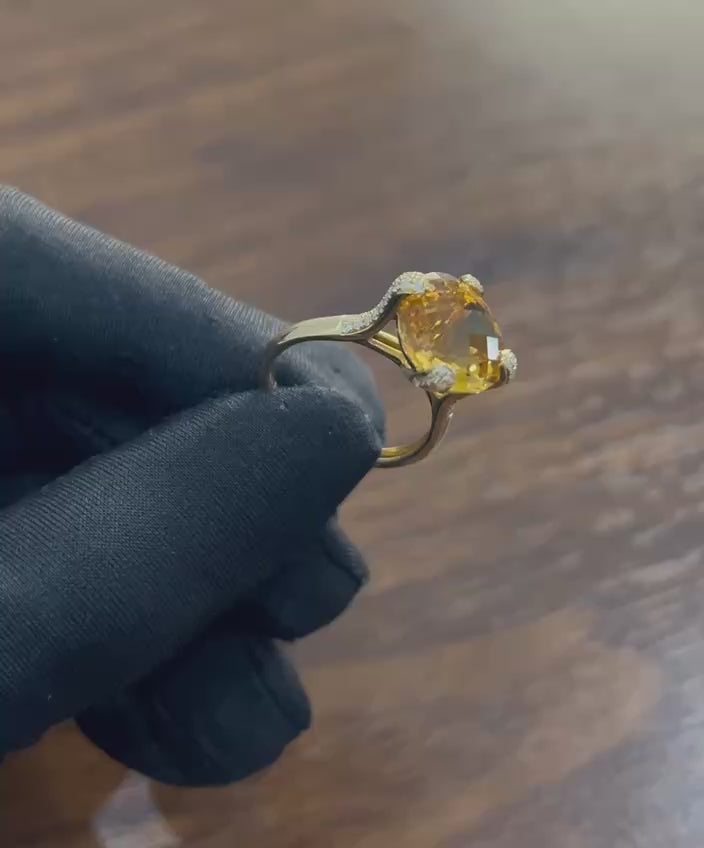 Orange Amber Citrine Brilliant Cut 14K Yellow Gold Diamond Pave Cocktail Ring