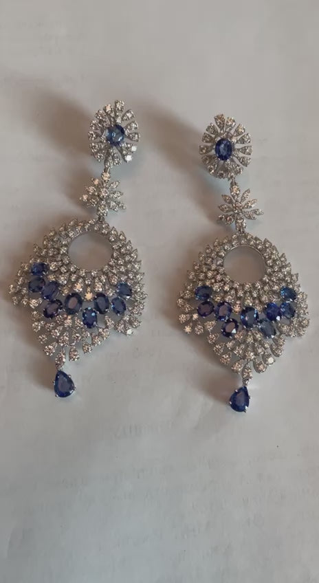 Fancy Shape Blue Sapphire White Diamond 18 Karat White Gold Statement Earrings