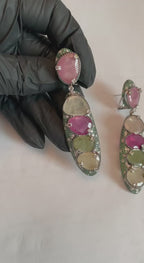 Unique Multi Color Sapphire Emerald Diamonds 18K White Gold Statement Earrings