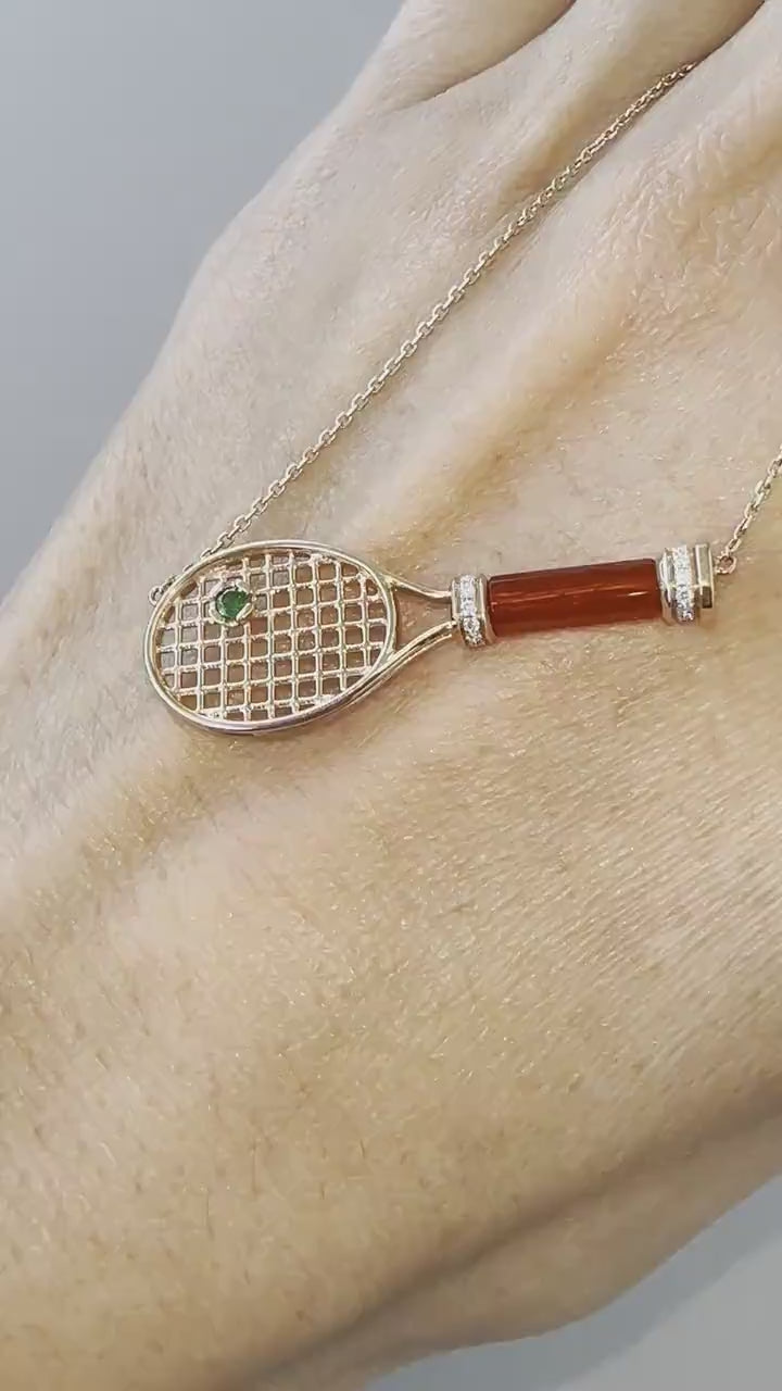 Tennis Racket Red Carnelian Handle Green Emerald Tennis Ball Jewelry 18 Karat Ro