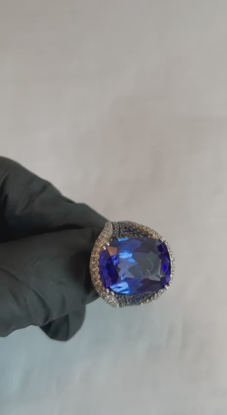 Blue Tanzanite Cushion Cut Blue Sapphire White Diamonds Pave 14K White Gold Ring