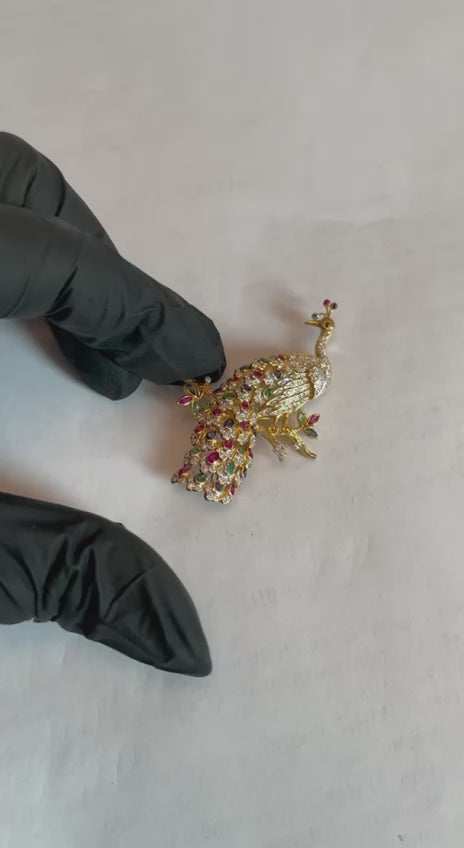 Peacock Bird 14K Yellow Gold Brooch Pin White Diamonds Rubies Emerald Sapphires