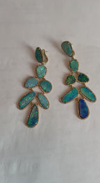 Blue Opals Diamond Halo 18 Karat Yellow Gold Drop Statement Unique Earrings