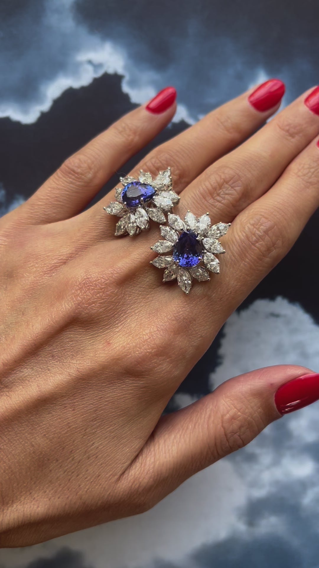 Rare Blue Tanzanite Fancy Pear Shape Marquise Diamonds 18K White Gold Earrings