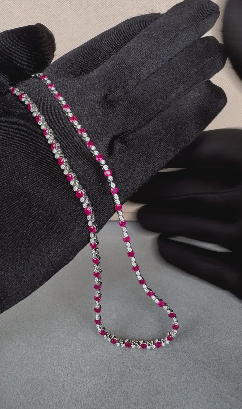 Ruby Diamond Bezel Set Tennis Line 14K White Gold Classic Set Unique Necklace
