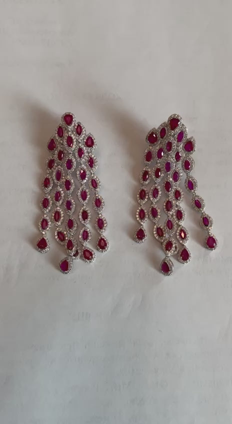 Fancy Cut Shape Red Ruby White Diamonds Halo Statement 18K White Gold Earrings
