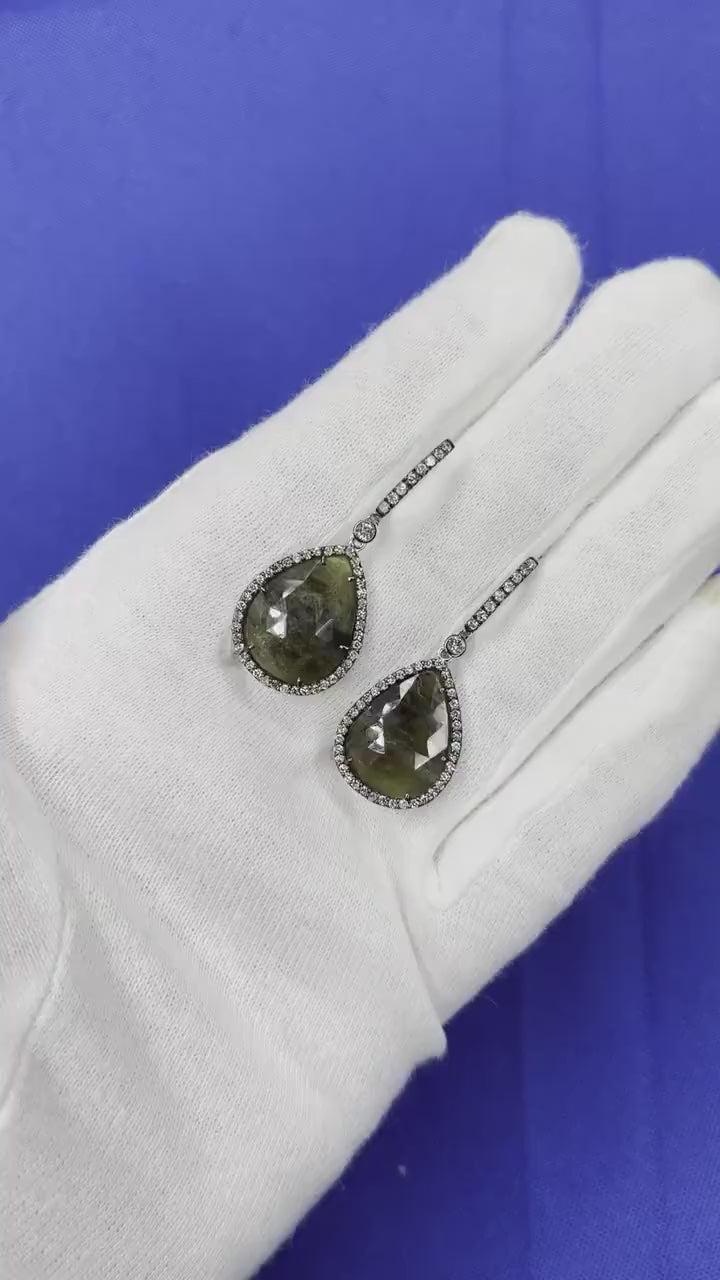 Grey Silvery Dark Green Black Sapphire Faceted Cabochon Slice Diamond Halo Drop 