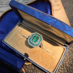 Green Emerald & Diamond Art Deco Style Double Halo Set Engagement Gold Ring