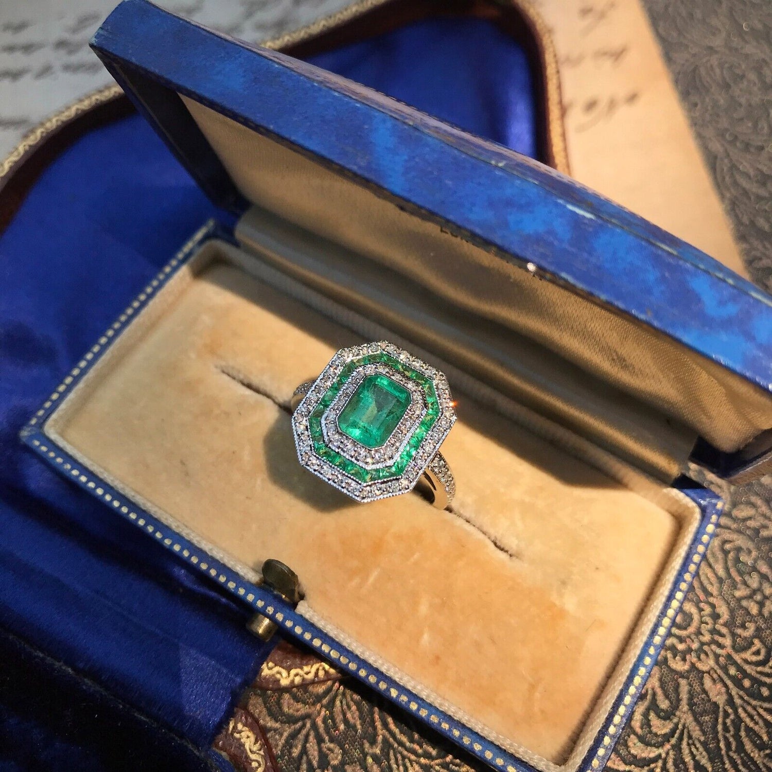 Green Emerald &amp; Diamond Art Deco Style Double Halo Set Engagement Gold Ring